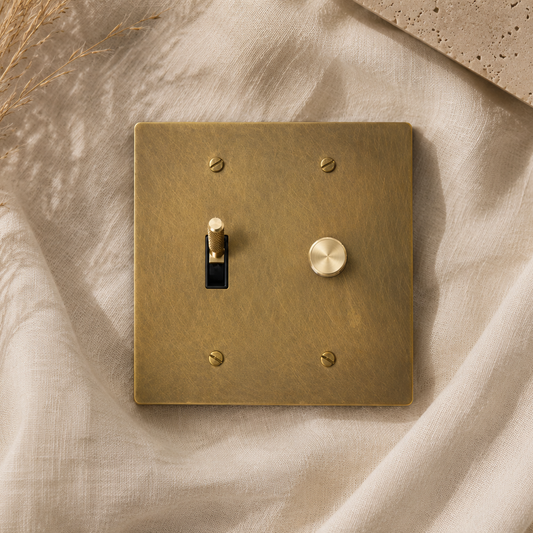 Close-up of the solid brass dimmer knob and toggle switch.
