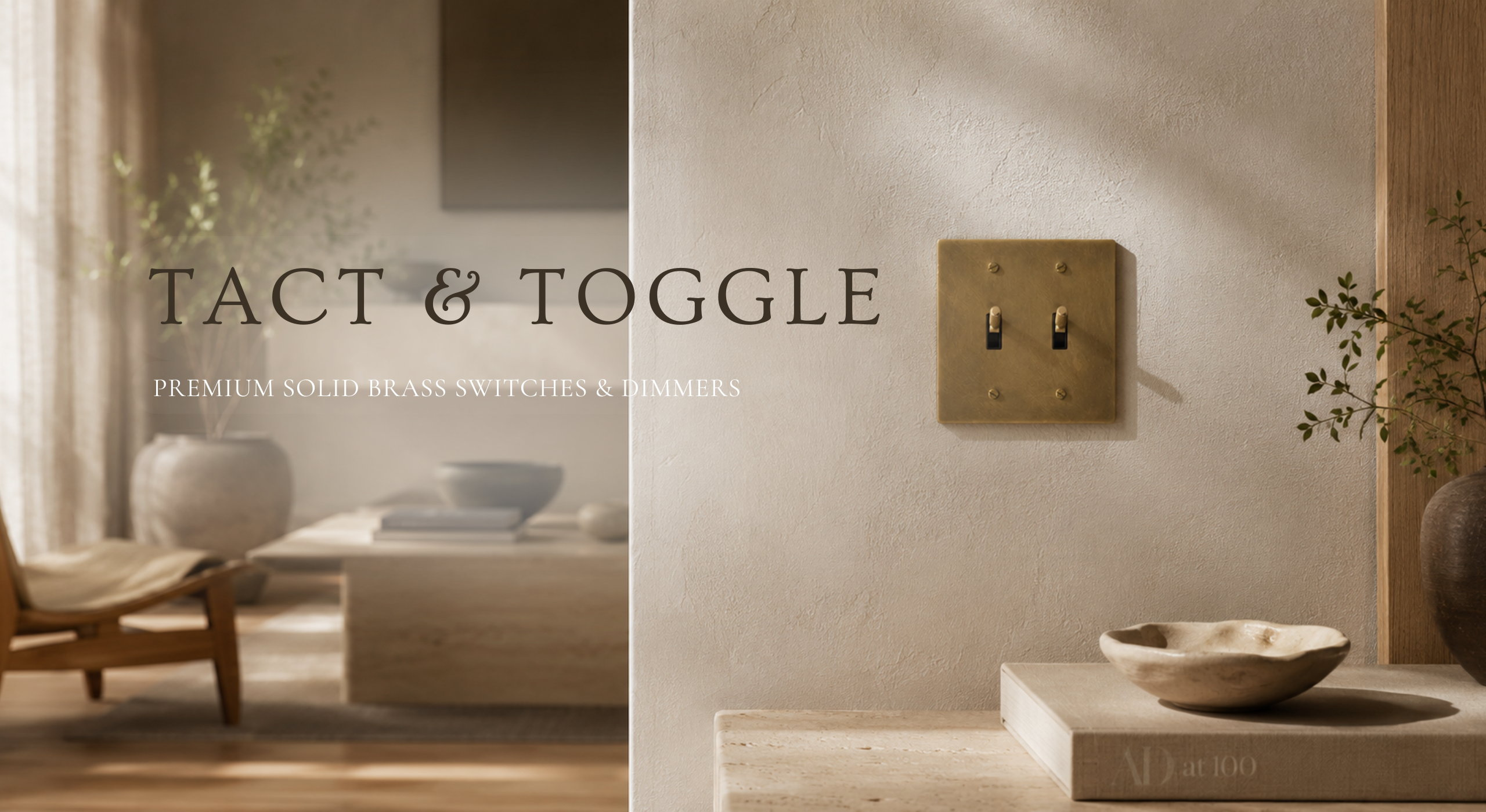 Solid brass light switches and dimmers by Tact & Toggle for timeless interiors.