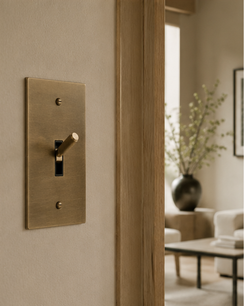Close-up of a precision-machined solid brass toggle light switch with a brushed finish.